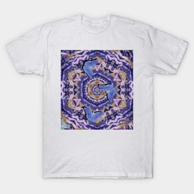 Butterflies against a floral kaleidoscope in blue T-Shirt by hereswendy